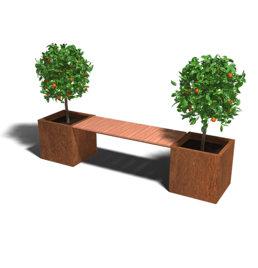 Cortenstaal plantenbak met twee bomen in en een houten bankje ertussen.