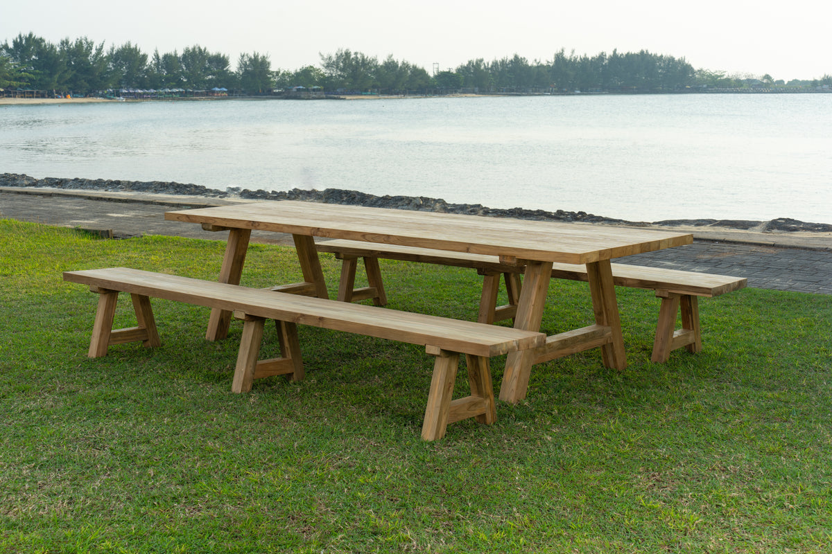 Table de jardin haut de gamme en teck Kastil 250 cm avec 2 bancs