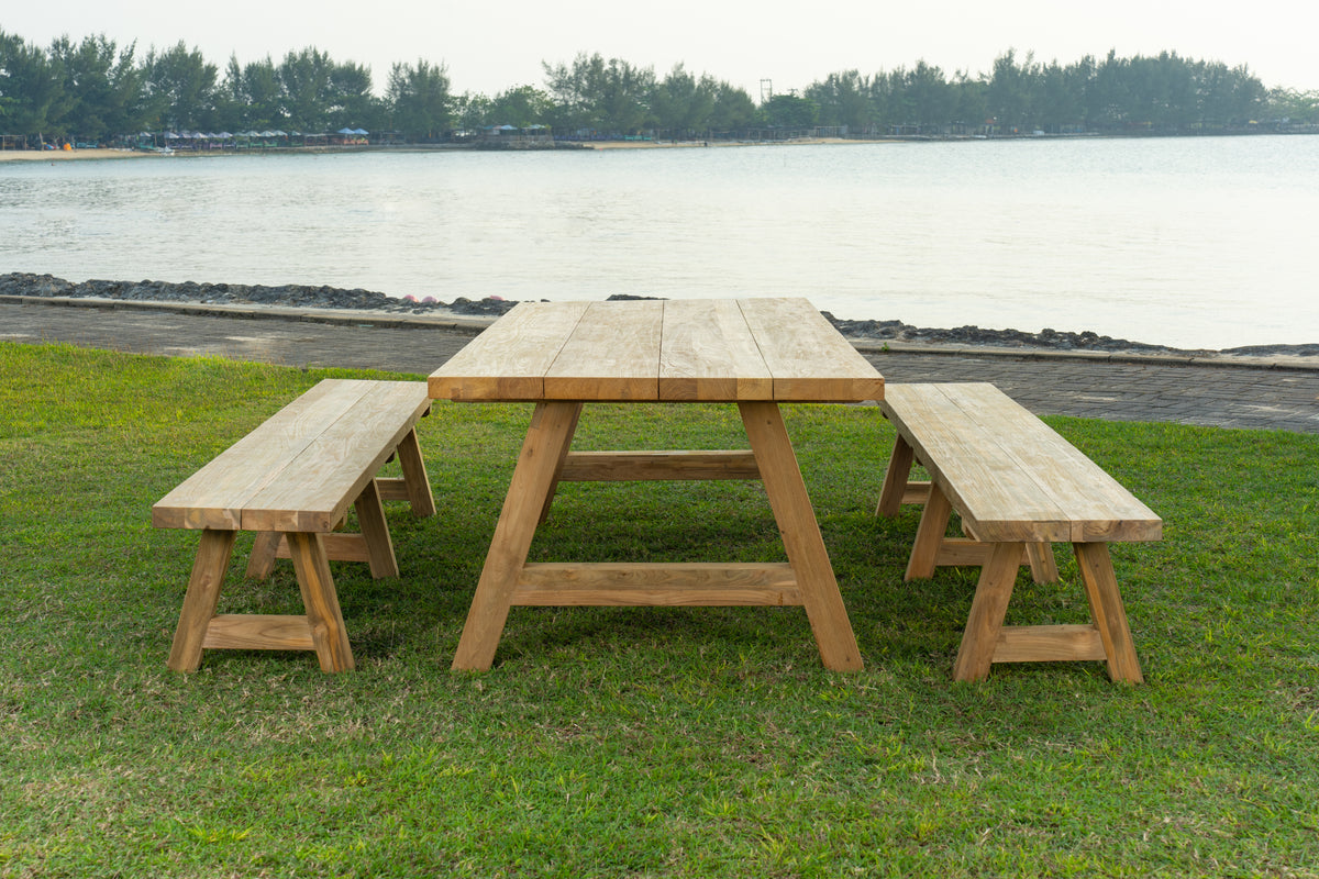 Table de jardin haut de gamme en teck Kastil 250 cm avec 2 bancs