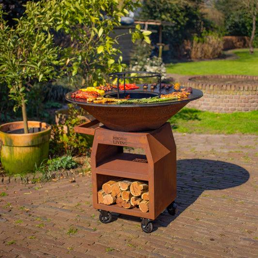 BBQ Plancha Grill Maestro XXXL Ø100cm Corten Steel - With Large Wheels and Wood Storage
