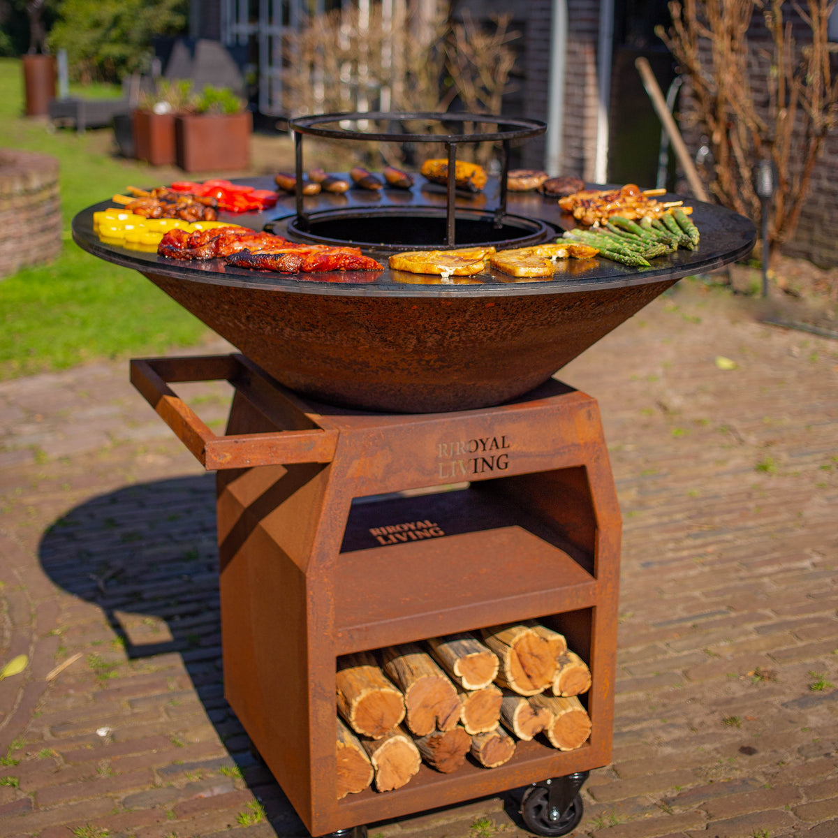 BBQ Plancha Grill Maestro XXXL Ø100cm Corten Steel - With Large Wheels and Wood Storage