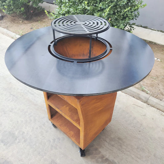 BBQ Plancha Grill Maestro XXXL Ø100cm Cortenstaal - Met Grote wielen en houtopslag