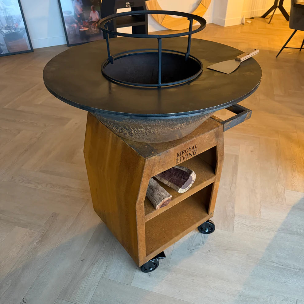 BBQ Plancha Grill Maestro XXL Ø80cm Cortenstaal - Met pook en houtopslag