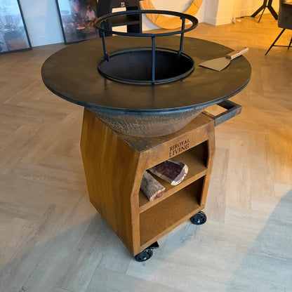 BBQ Plancha Grill Maestro XXL Ø80cm Cortenstaal - Met pook en houtopslag