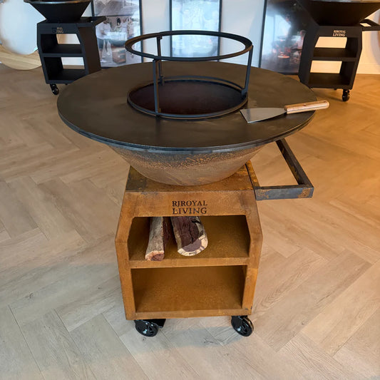 BBQ Plancha Grill Maestro XXL Ø80cm Cortenstaal - Met pook en houtopslag