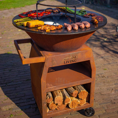 BBQ Plancha Grill Maestro XXL Ø80cm Cortenstaal - Met pook en houtopslag