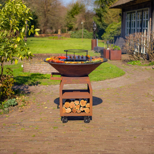 BBQ Plancha Grill Maestro XXXL Ø100cm Corten Steel - With Large Wheels and Wood Storage