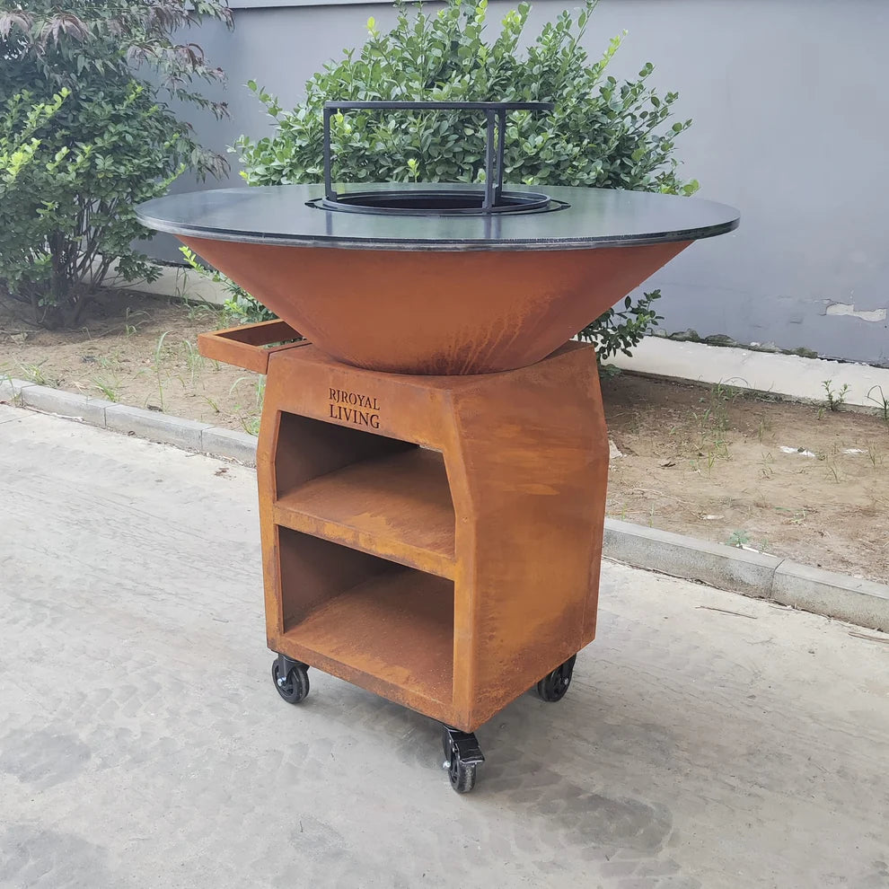 Plancha de barbecue Maestro XXXL Ø100 cm en acier Corten - Avec grandes roues et rangement pour le bois