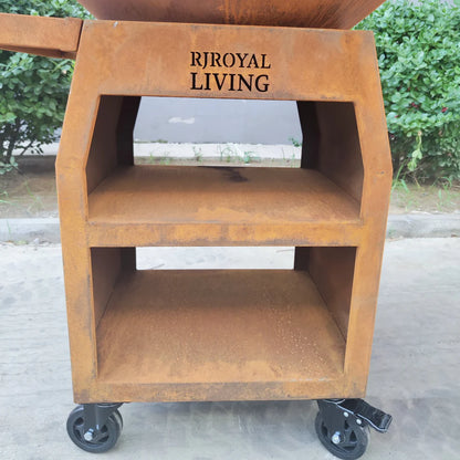 Plancha de barbecue Maestro XXXL Ø100 cm en acier Corten - Avec grandes roues et rangement pour le bois